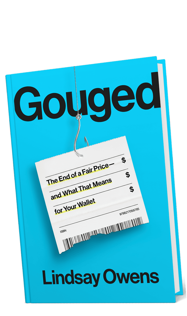 Gouged by Lindsay Owens. A receipt hangs from a fishhook on the cyan book cover.